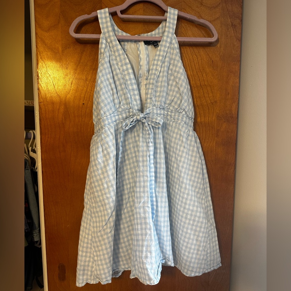 Blue Gingham Halter Dress with Tie Front